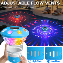 Chsuiwe flotador con luces multicolor encendidas sobre agua nocturna, ambiente festivo
