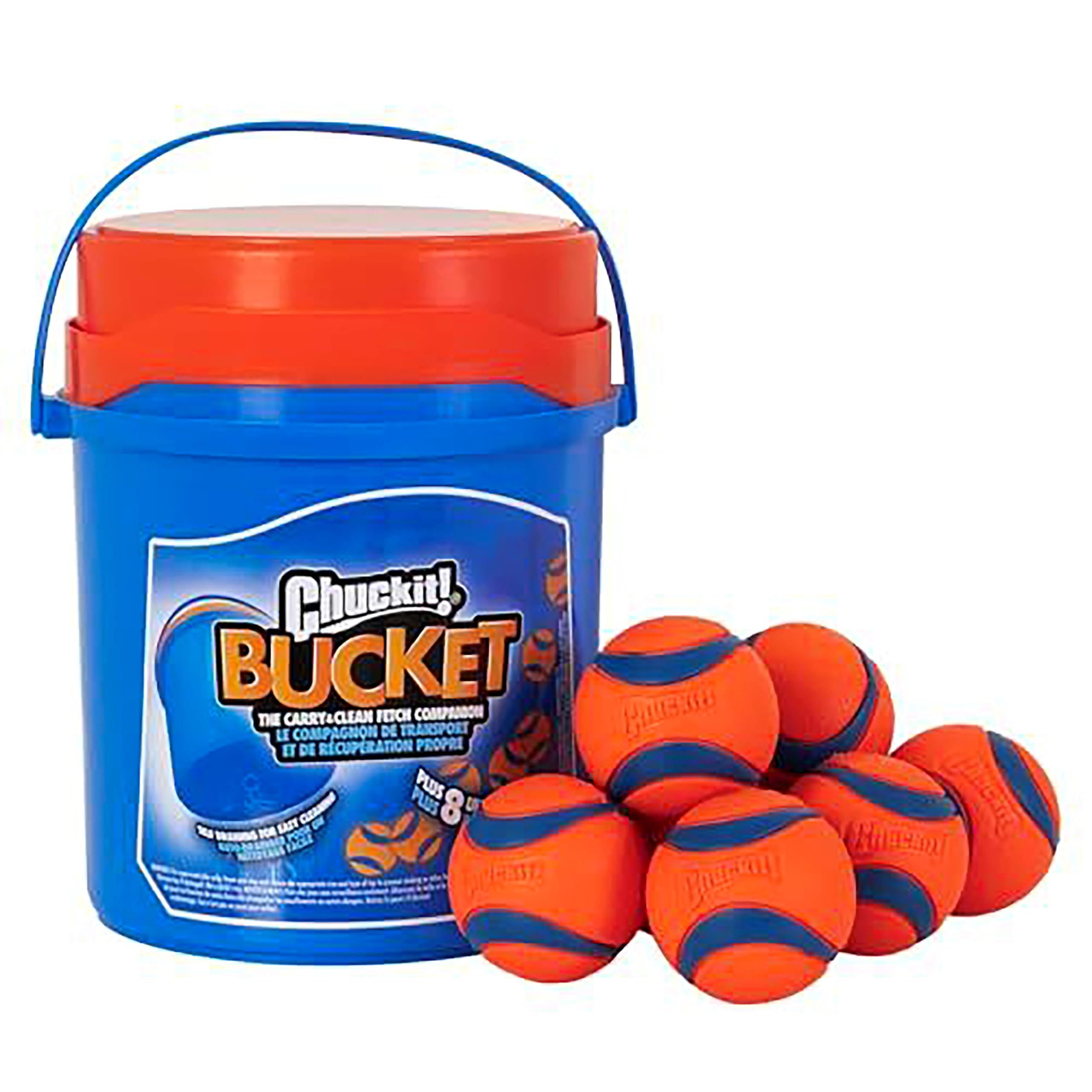 Chuckit! vista frontal del paquete de 8 pelotas con cubo, almacenamiento práctico