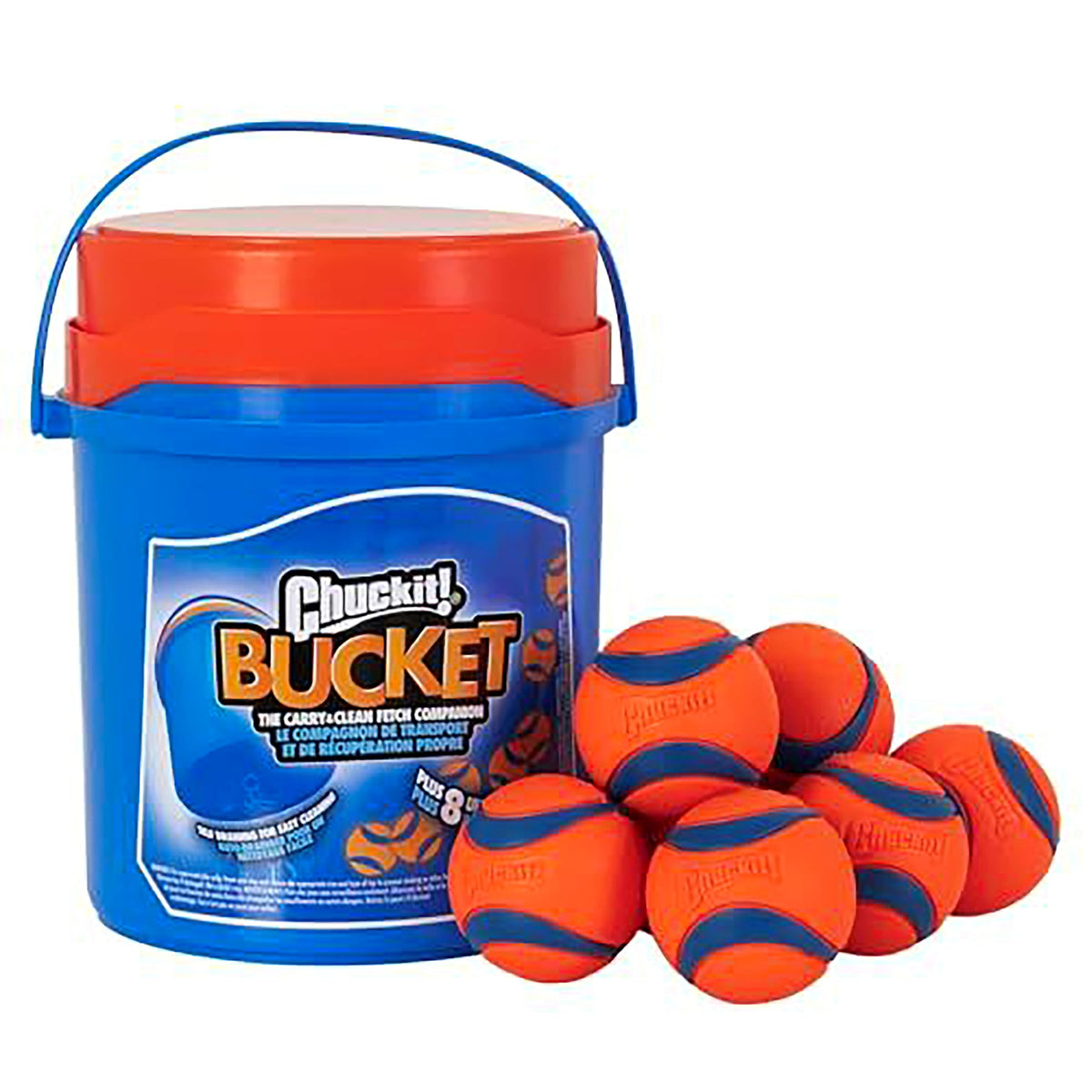 Chuckit! vista frontal del paquete de 8 pelotas con cubo, almacenamiento práctico