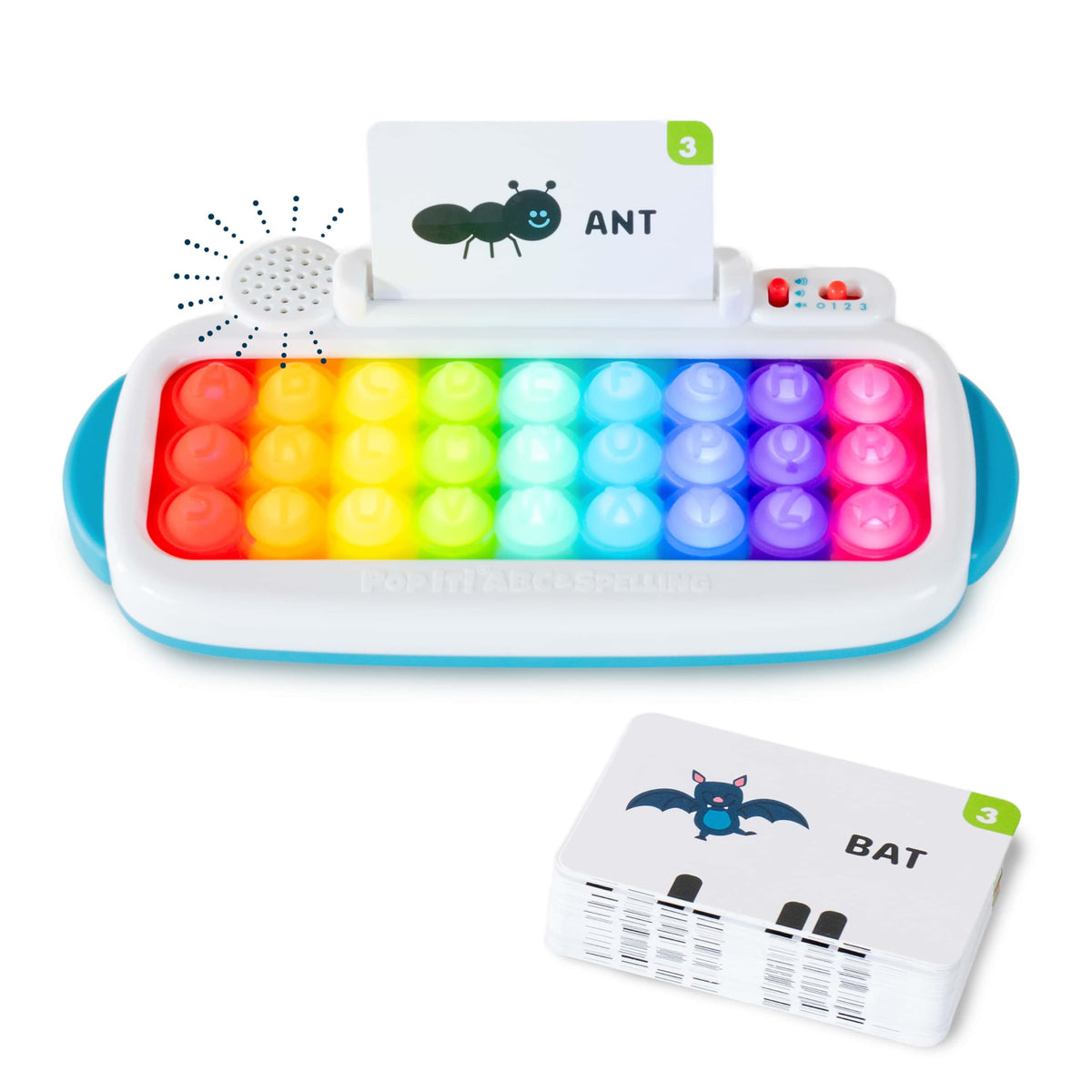 Chuckle & Roar teclado frontal mostrando botones y colores, facilita aprendizaje visual