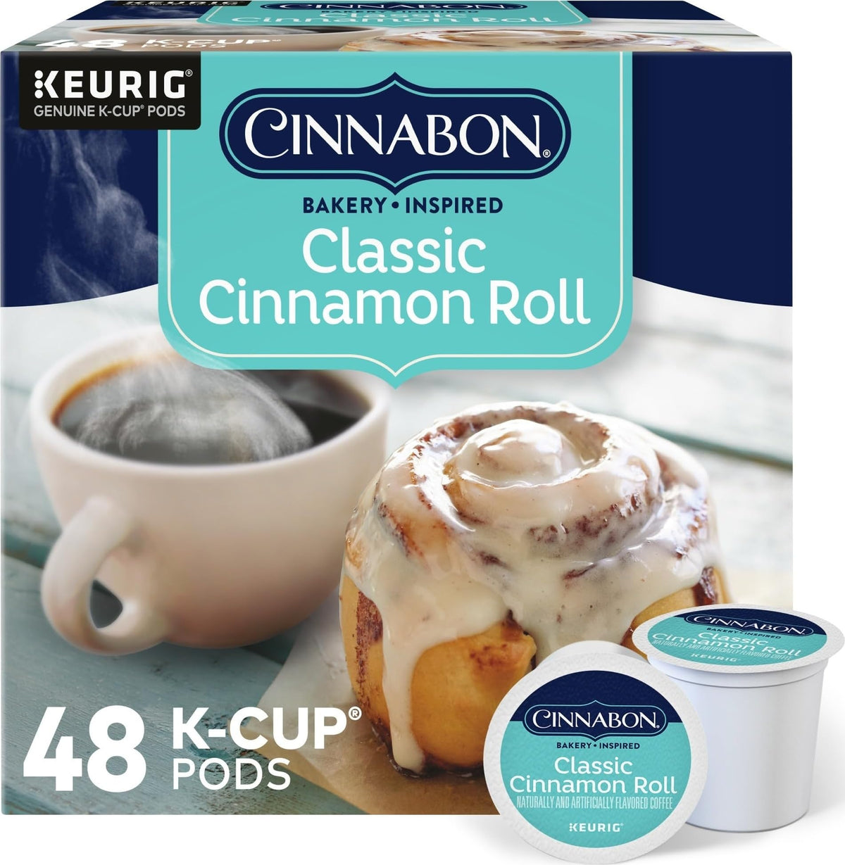 CINNABON paquete frontal mostrando 48 cápsulas y atractivo visual del producto