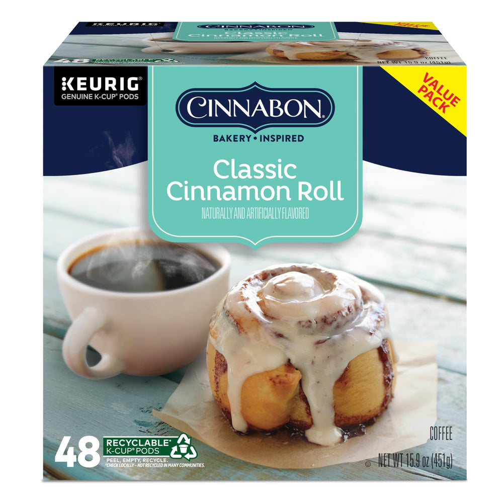 CINNABON cápsula colocada en máquina Keurig lista para preparar, uso sencillo