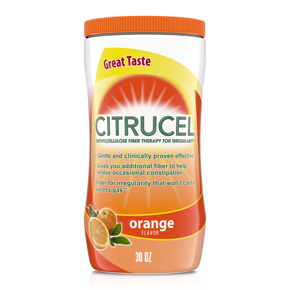 Citrucel envase frontal mostrando 30 oz y sabor naranja, opción práctica