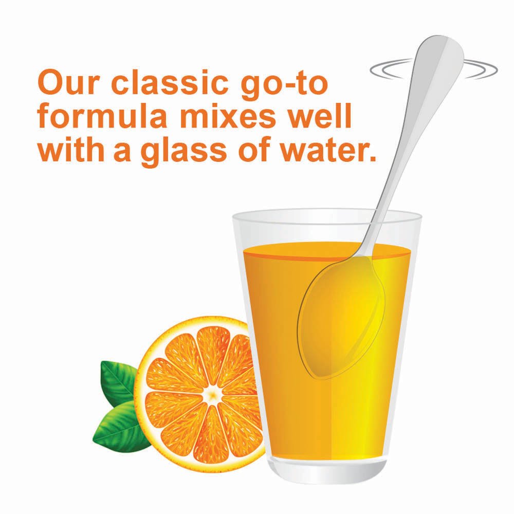 Citrucel polvo color naranja claro en primer plano, textura fácil de disolver