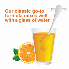 Citrucel polvo color naranja claro en primer plano, textura fácil de disolver