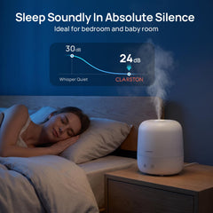 CLARSTON humidificador junto a cama en noche oscura para sueño silencioso