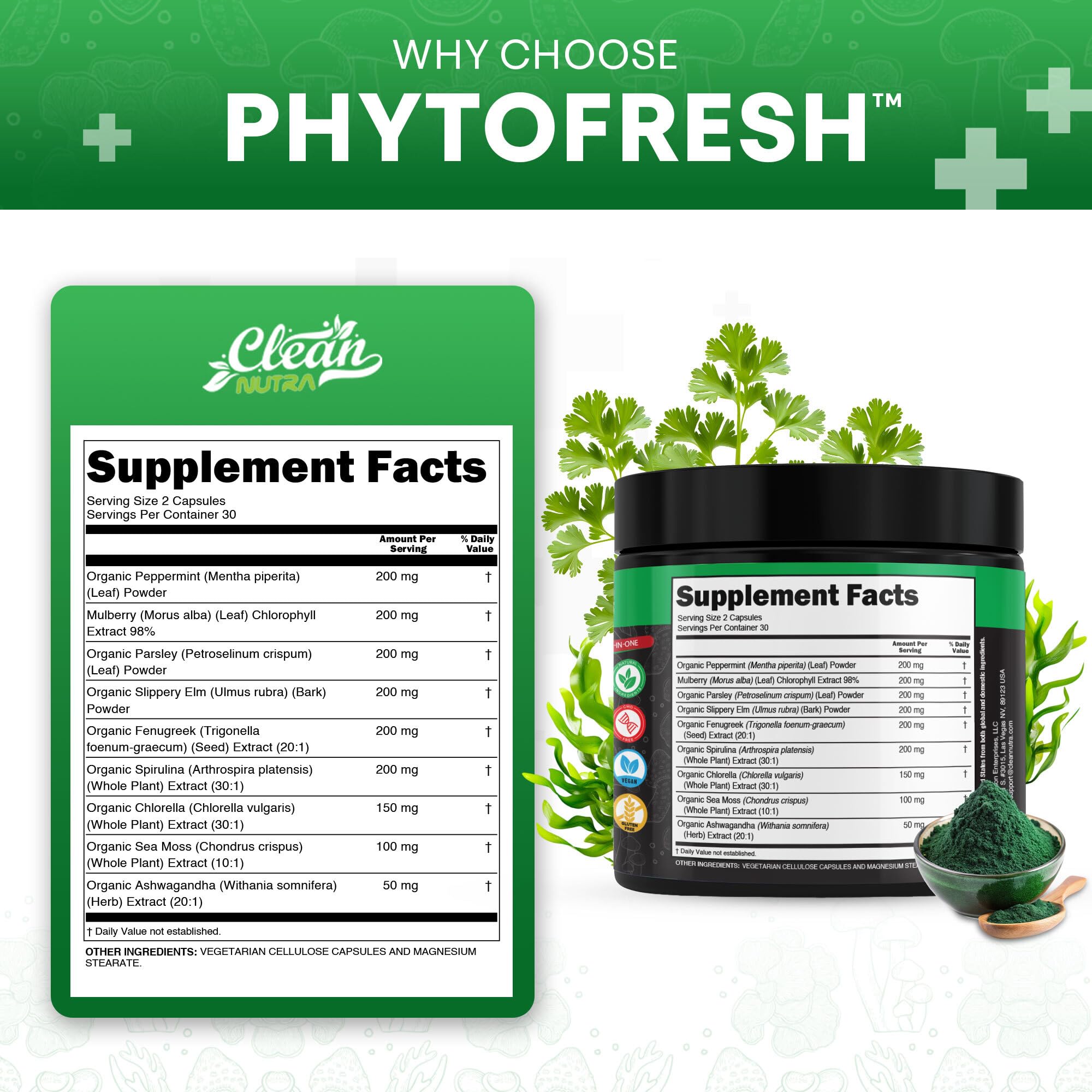 Clean Nutraceuticals perejil y chlorella en primer plano mostrando origen vegetal