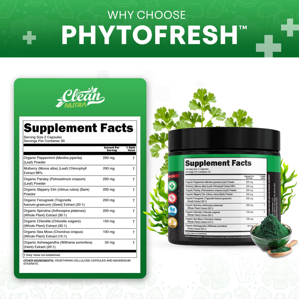 Clean Nutraceuticals perejil y chlorella en primer plano mostrando origen vegetal