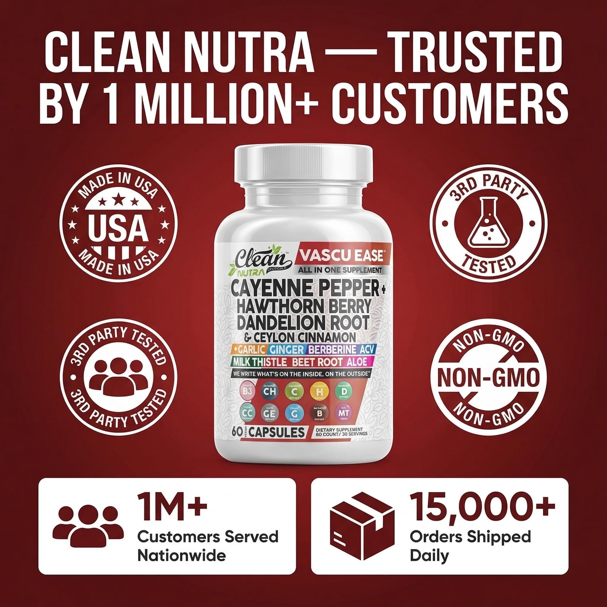 Clean Nutraceuticals montaje de cayena, hawthorn y aloe ilustrando mezcla