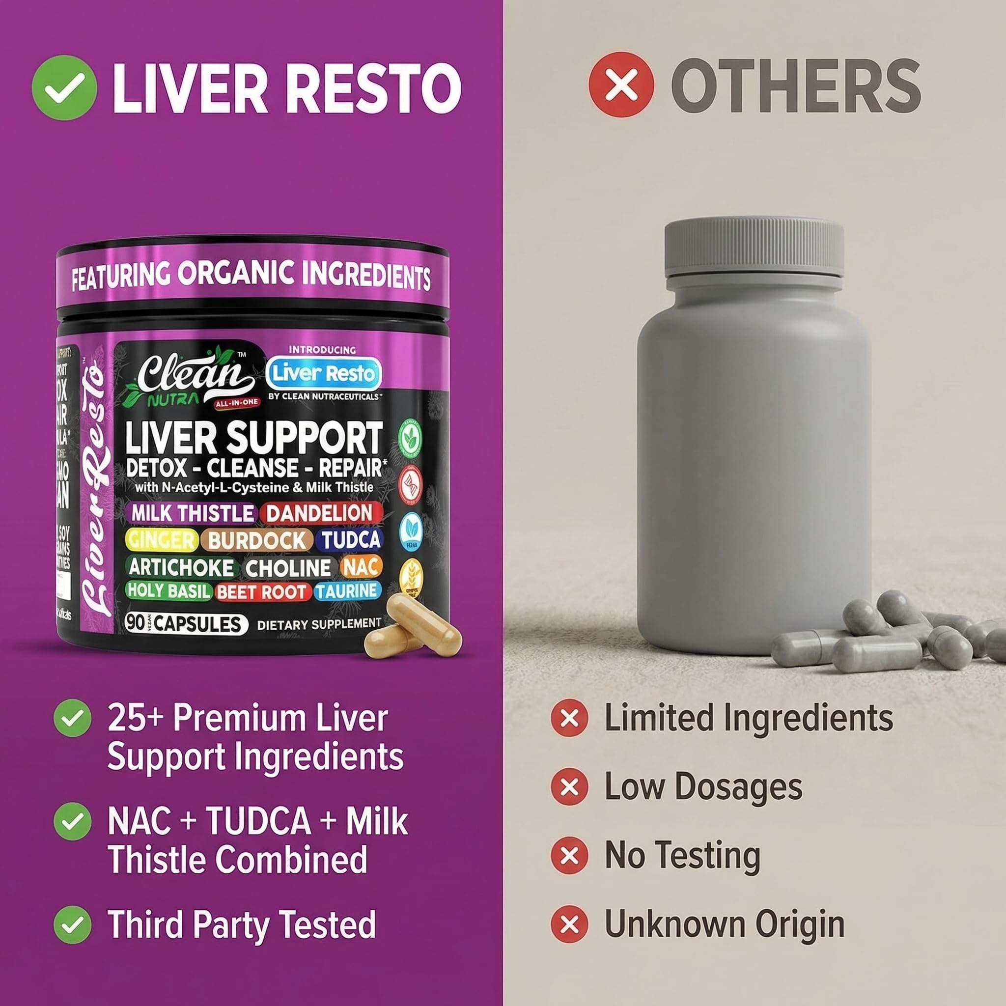 Clean Nutraceuticals comparado con varios frascos, simplifica suplementos