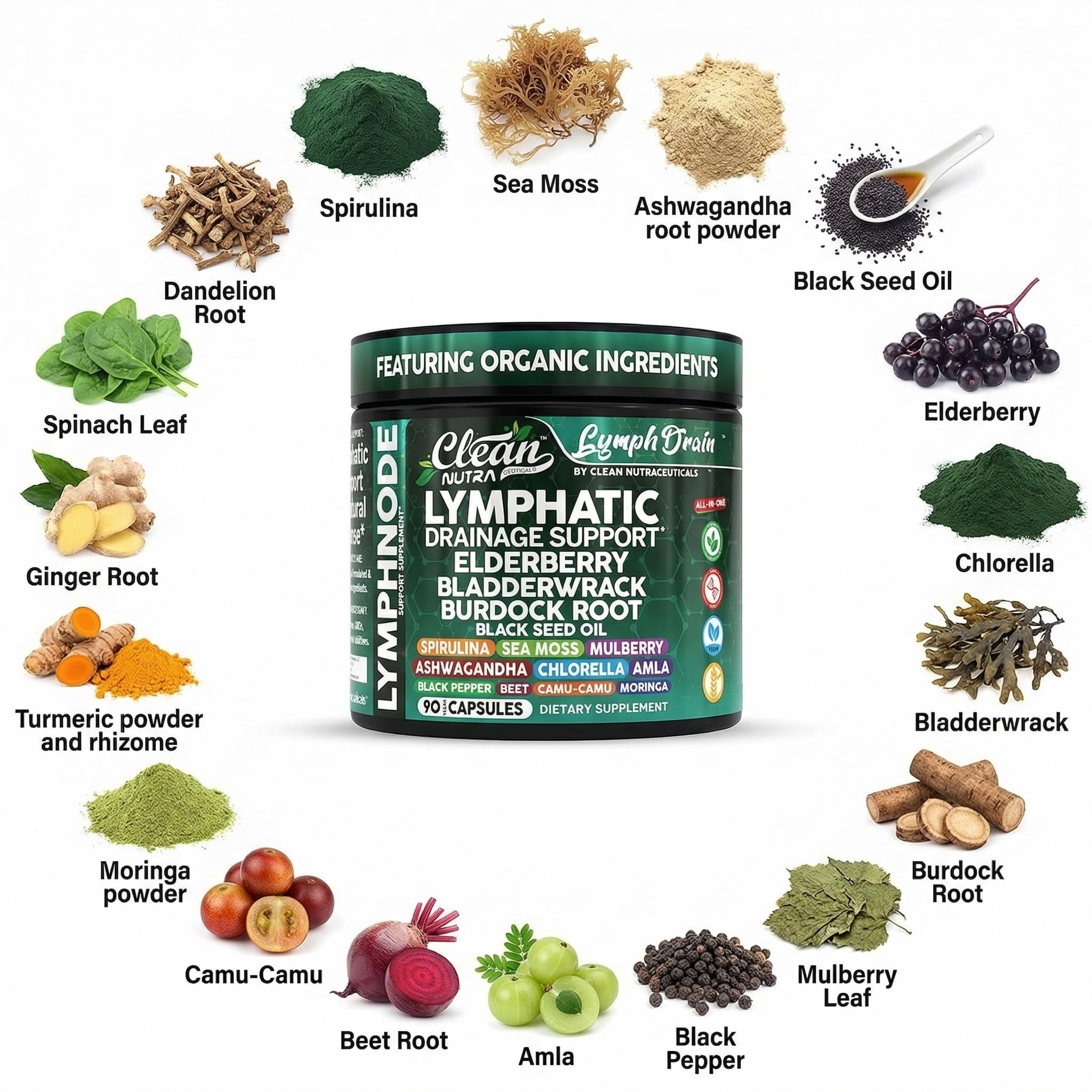 Clean Nutraceuticals detalle de la etiqueta con lista de ingredientes orgánicos