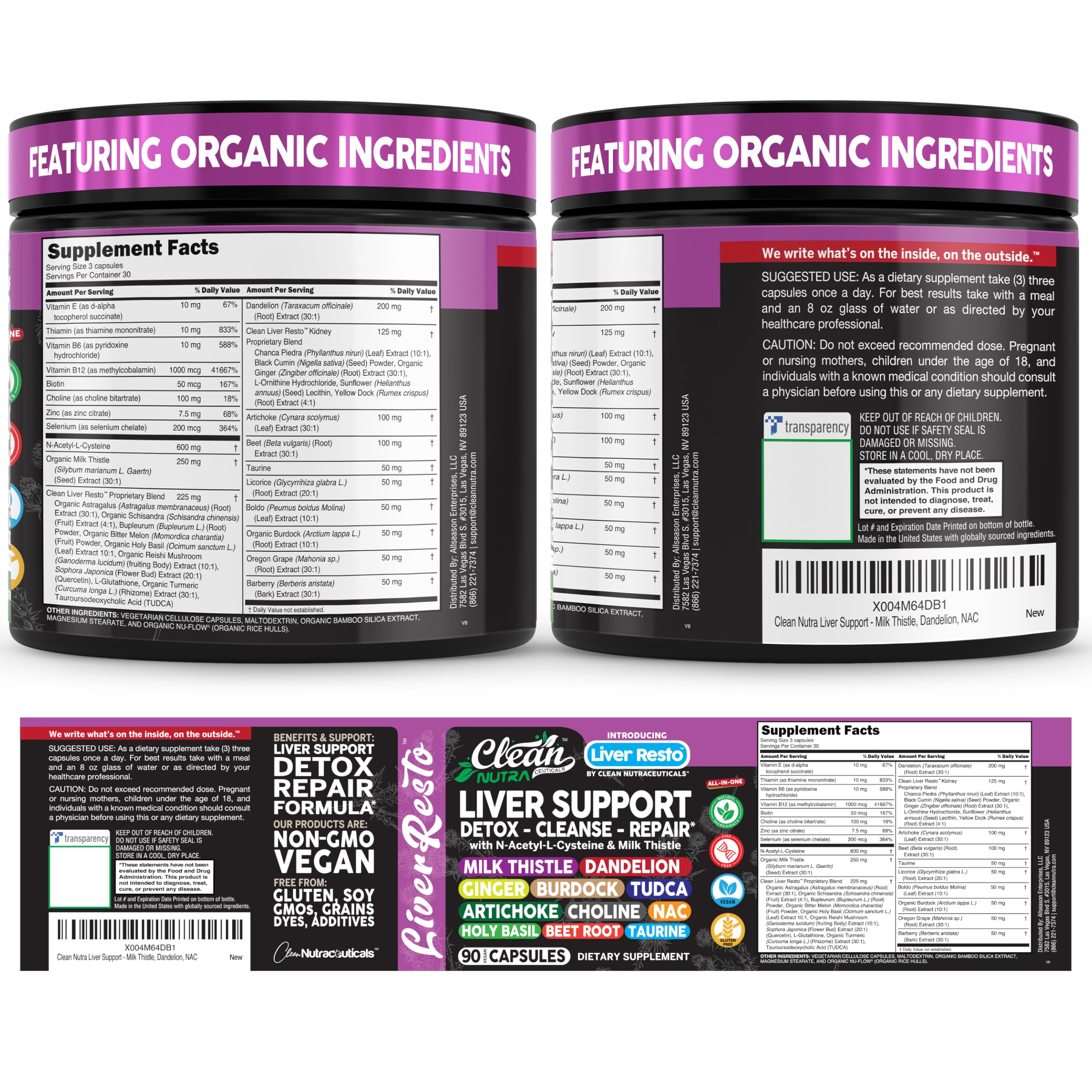 Clean Nutraceuticals botella en cocina junto a alimentos saludables