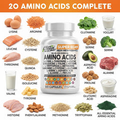 Clean Nutraceuticals etiqueta con lista de aminoácidos y beneficios