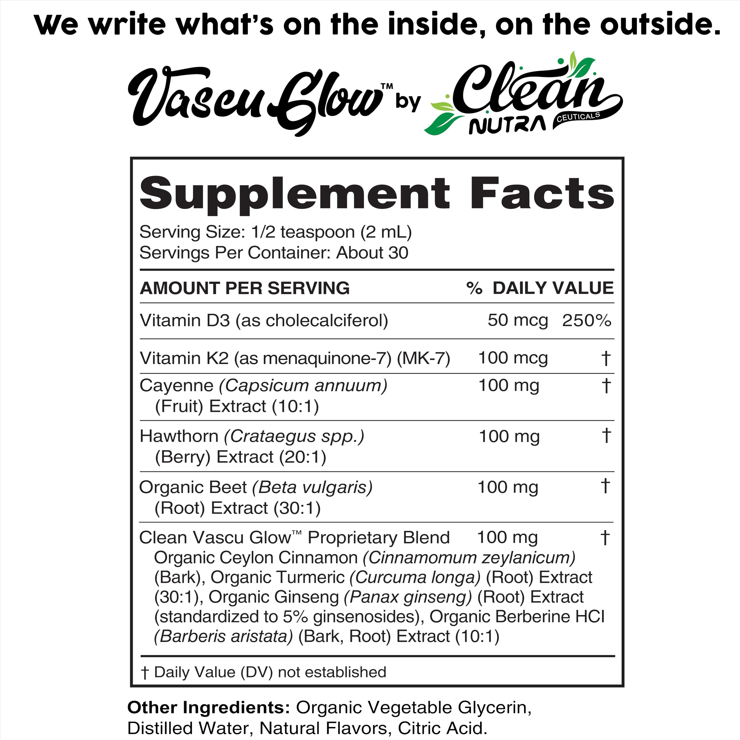 Clean Nutraceuticals etiqueta en primer plano con información del producto