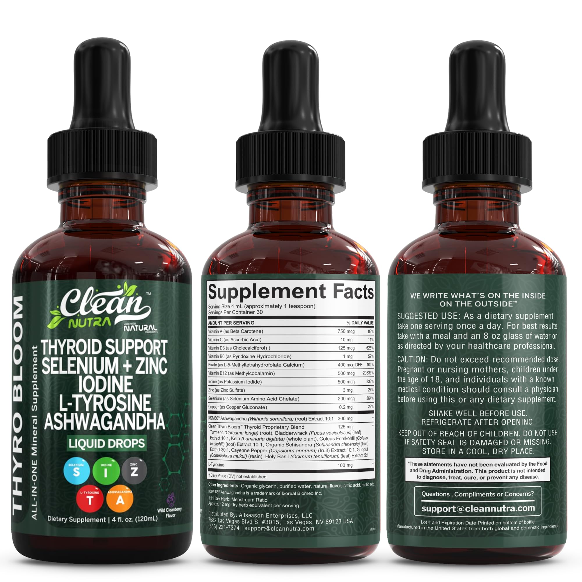 Clean Nutraceuticals ThyroBloom tamaño del envase comparación con mano