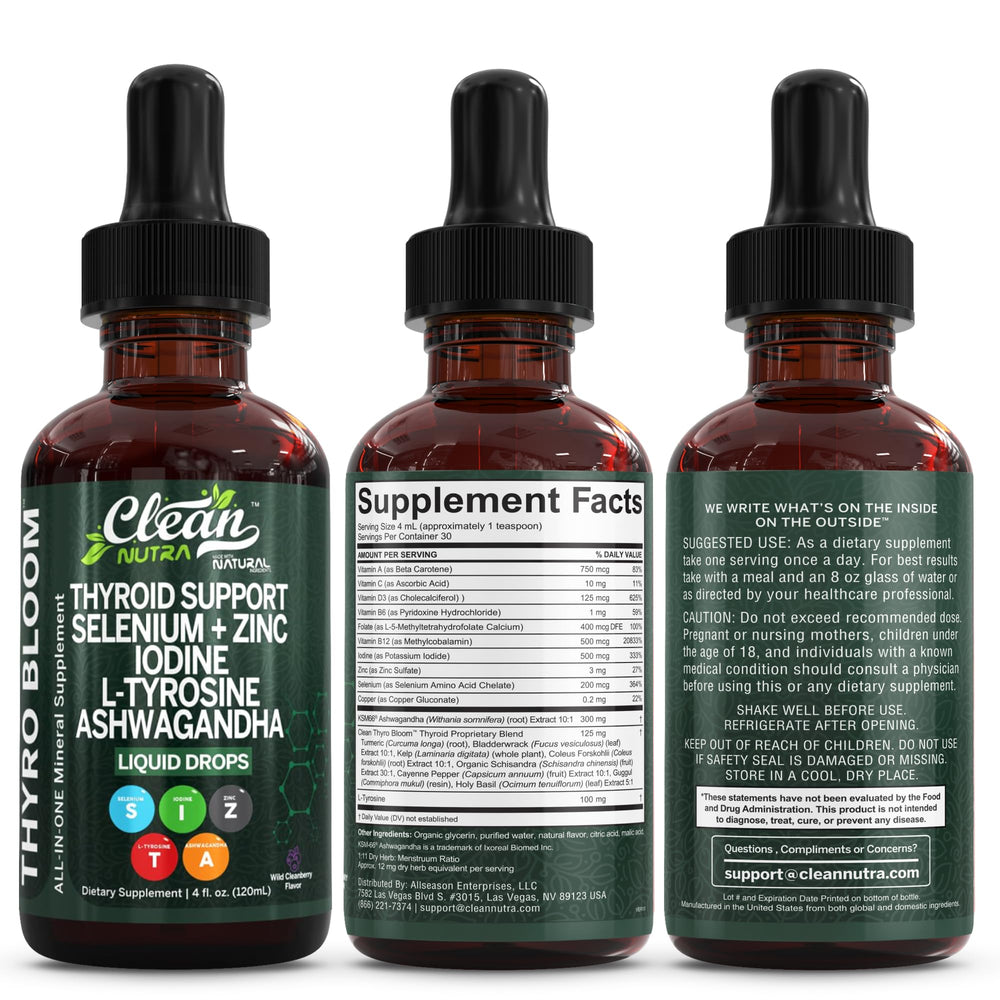 Clean Nutraceuticals ThyroBloom tamaño del envase comparación con mano