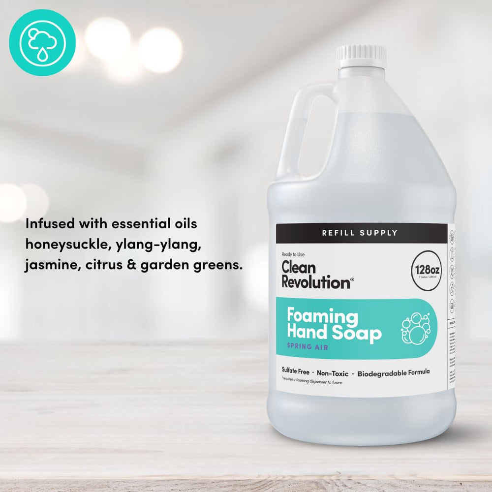 Clean Revolution foam dispensing in hand from pump, proving easy use