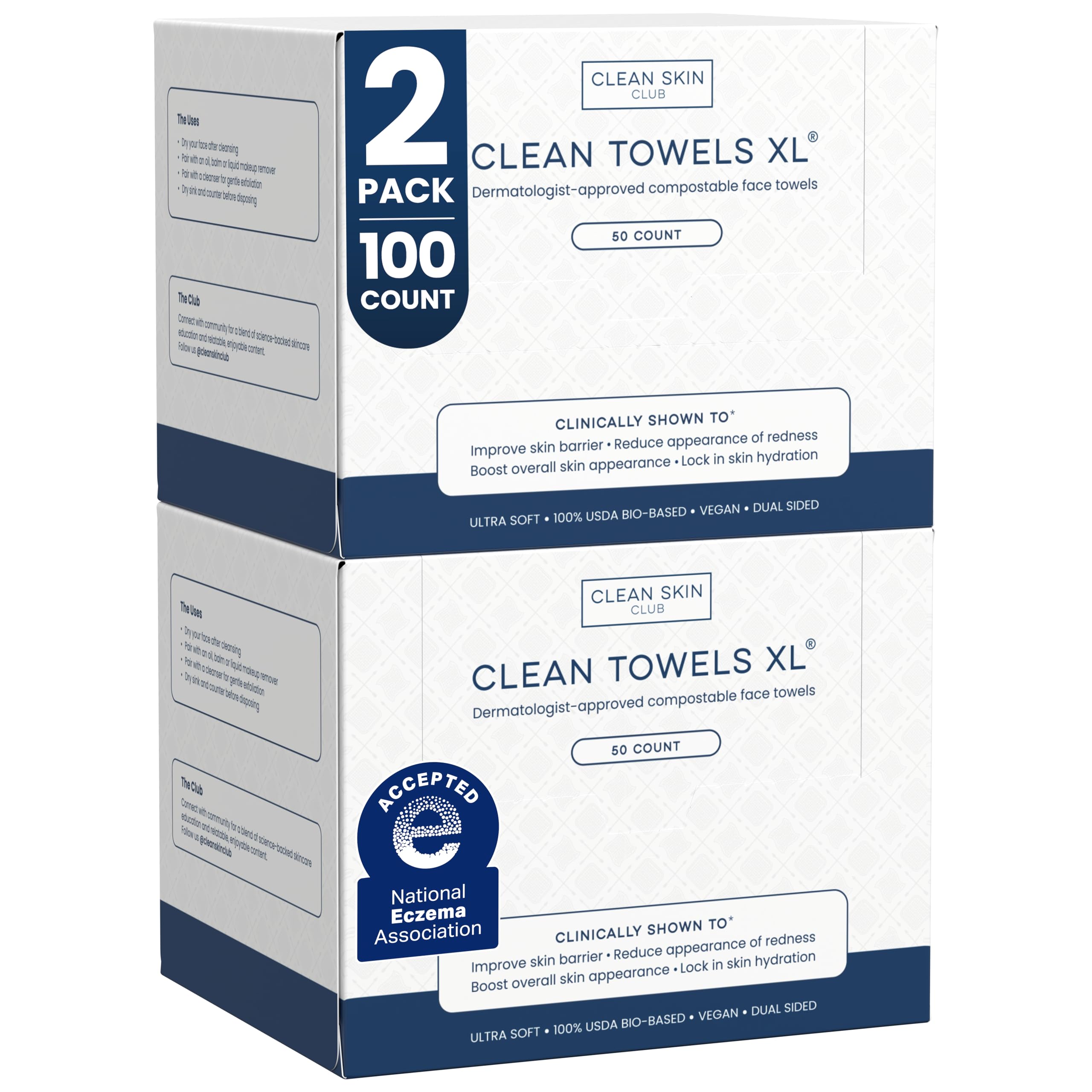 Clean Skin Club empaque frontal muestra 2 paquetes y ventaja higiene