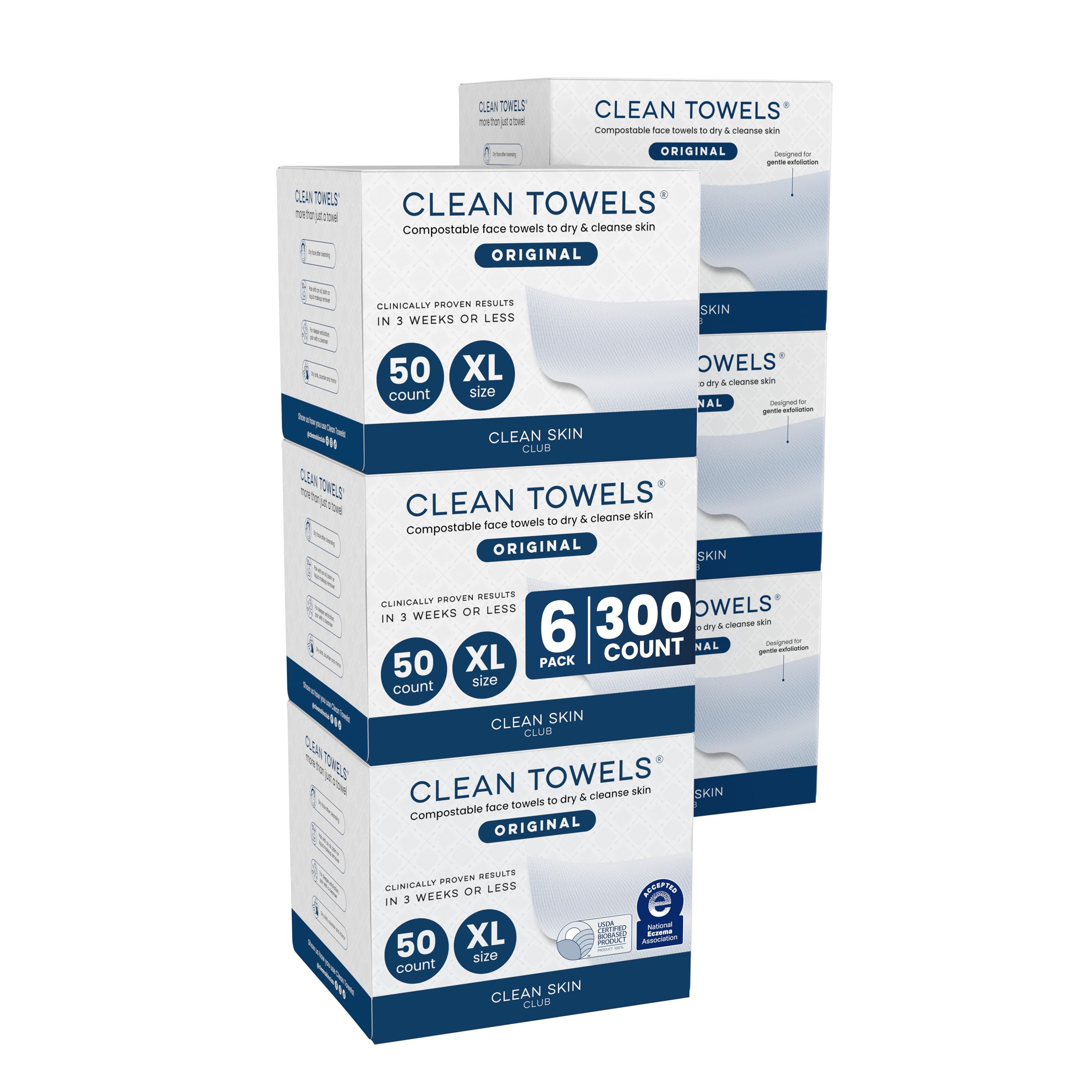 Clean Skin Club paquete frontal mostrando 6 packs y 300 toallitas, conveniencia