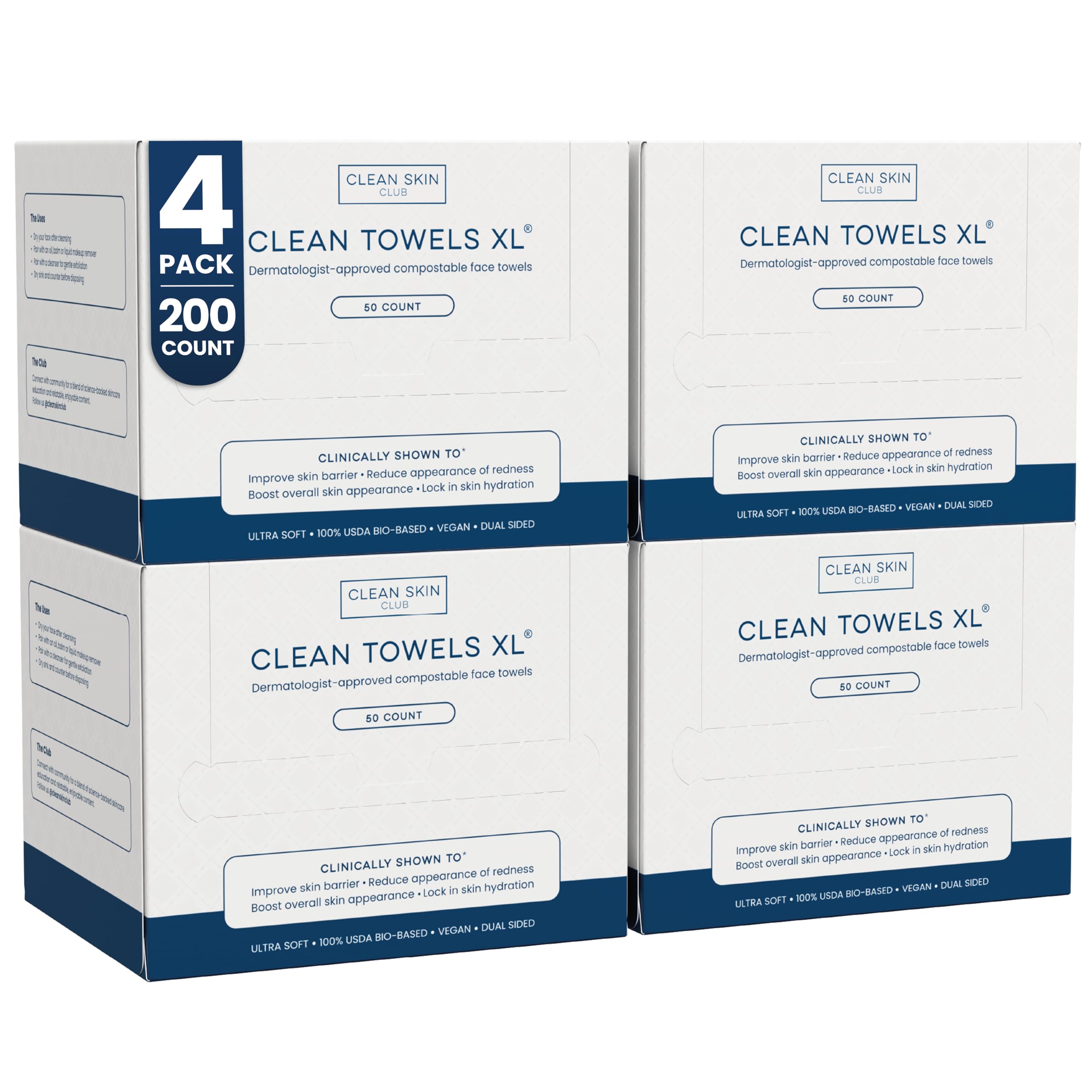 Clean Skin Club paquete frontal mostrando 4 packs con 200 toallas, conveniencia inmediata