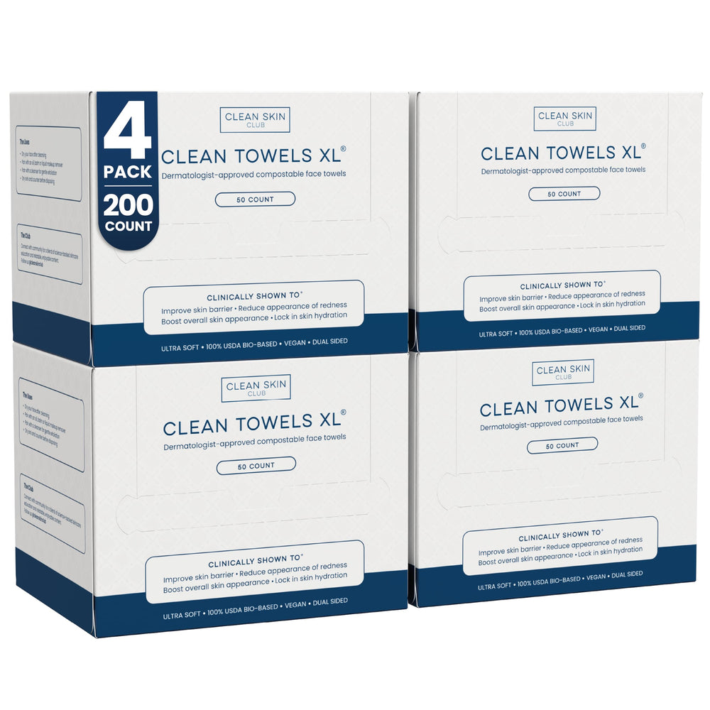 Clean Skin Club paquete frontal mostrando 4 packs con 200 toallas, conveniencia inmediata
