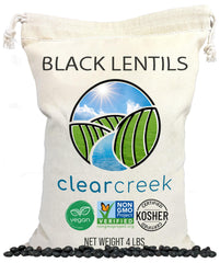 CLEAR CREEK empaque frontal de 4 lb que muestra lentejas negras y beneficios nutricionales