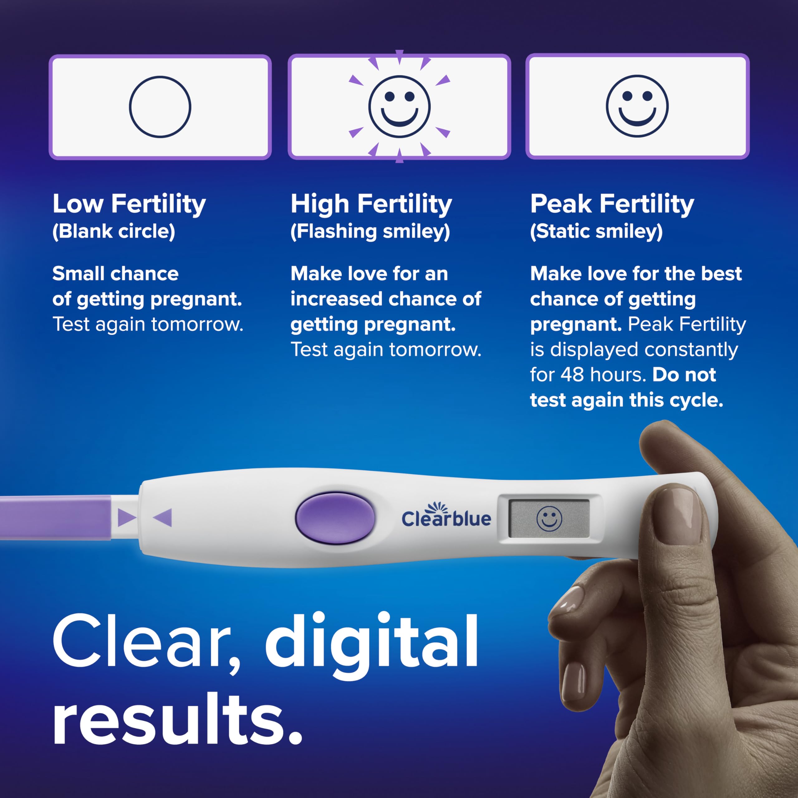 Pantalla de app Clearblue con registro de ciclo y recordatorios