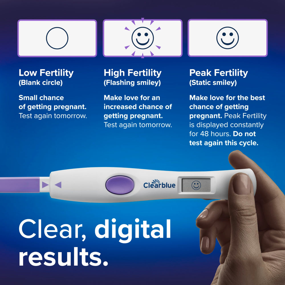 Pantalla de app Clearblue con registro de ciclo y recordatorios