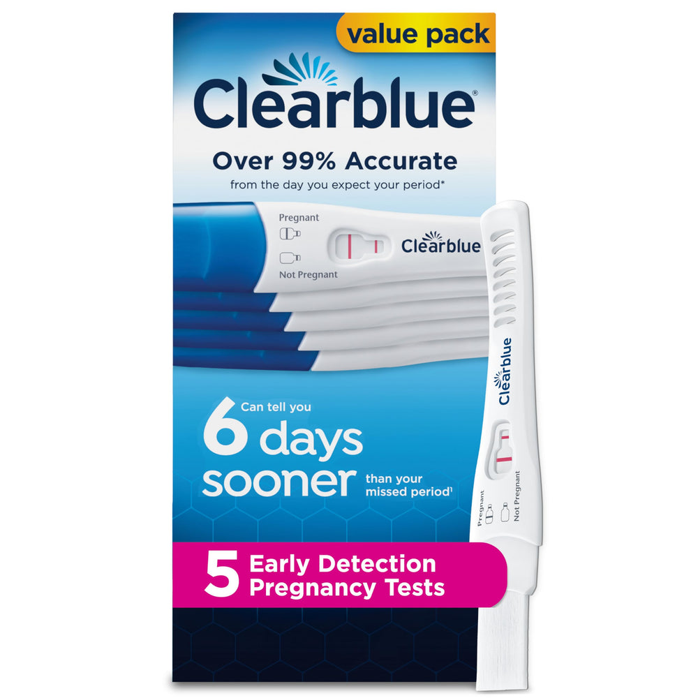 Clearblue frente del empaque mostrando pack de cinco pruebas y confianza