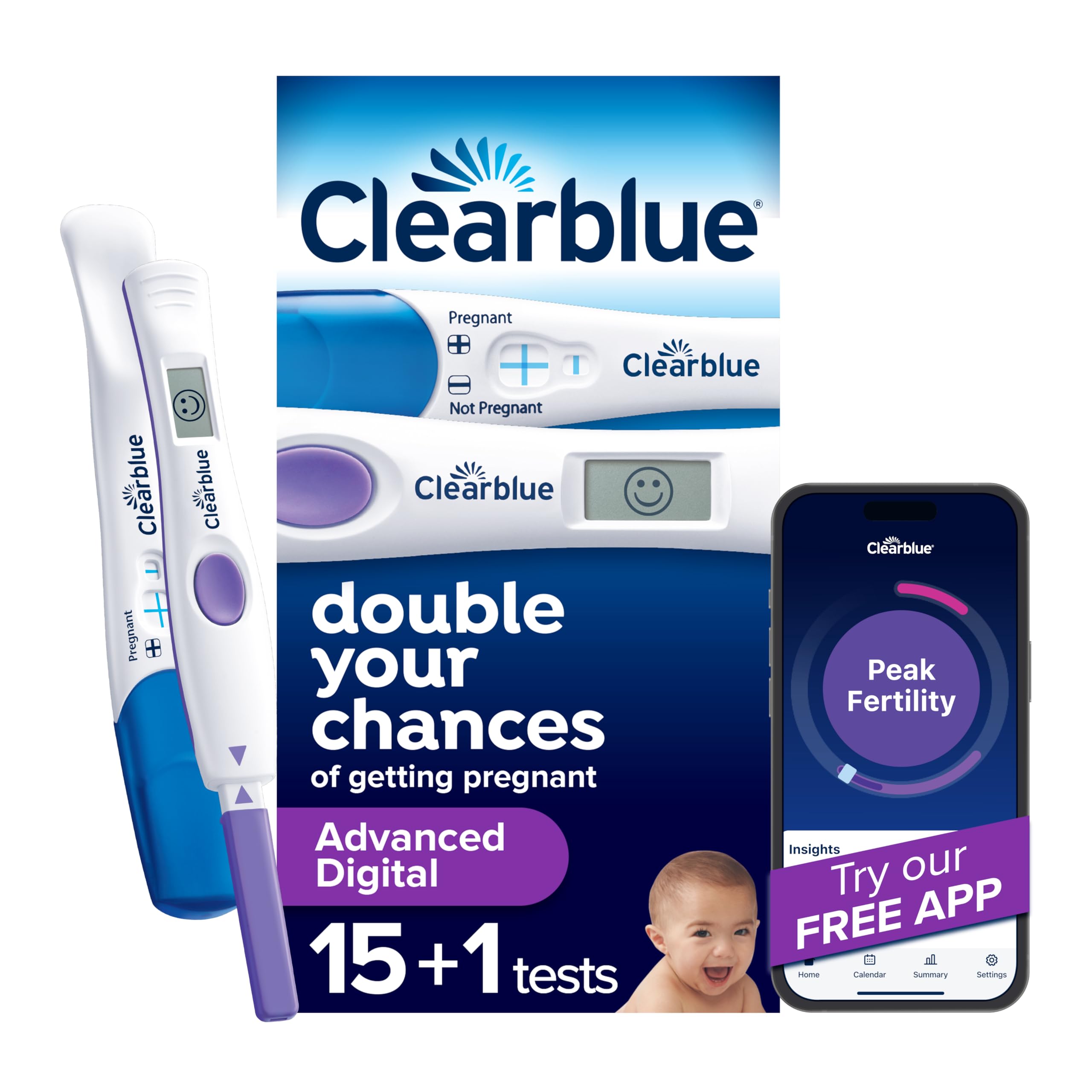 Clearblue packaging frontal mostrando 16 tests y uso sencillo
