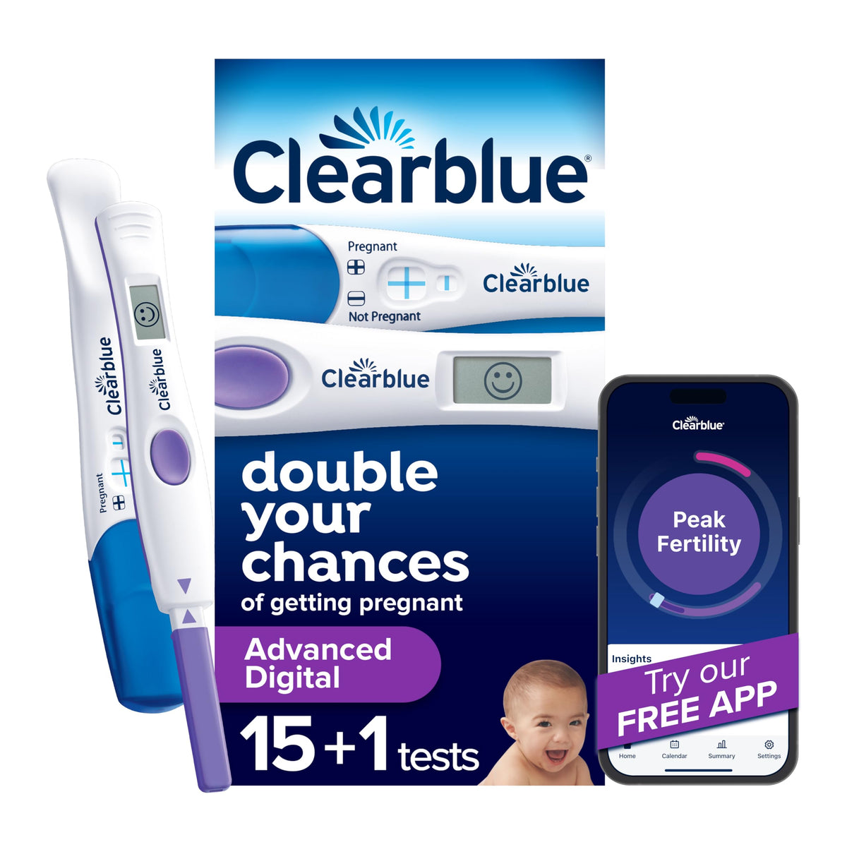 Clearblue packaging frontal mostrando 16 tests y uso sencillo