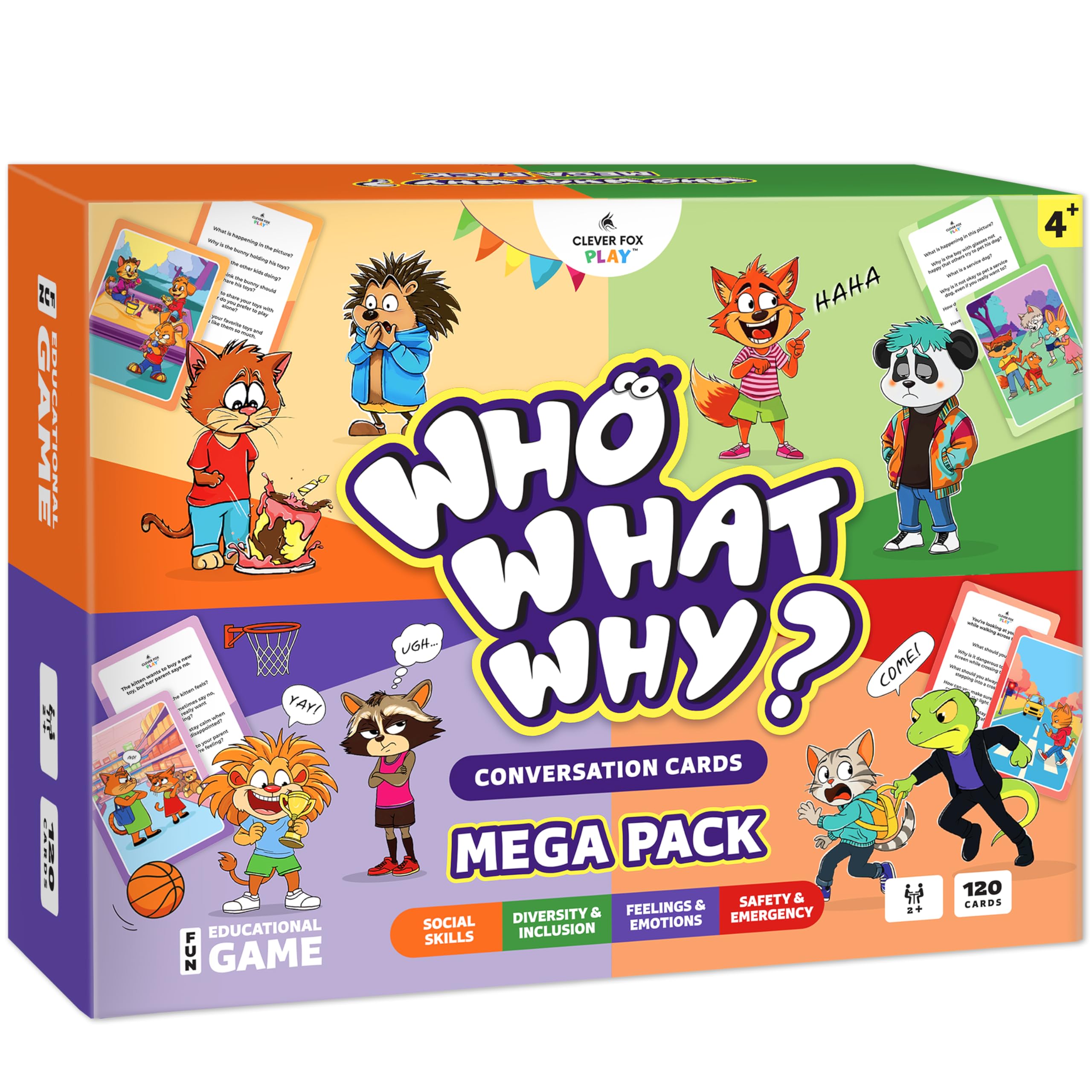 Clever Fox Play portada del Mega Pack mostrando las 120 tarjetas para desarrollar comunicación