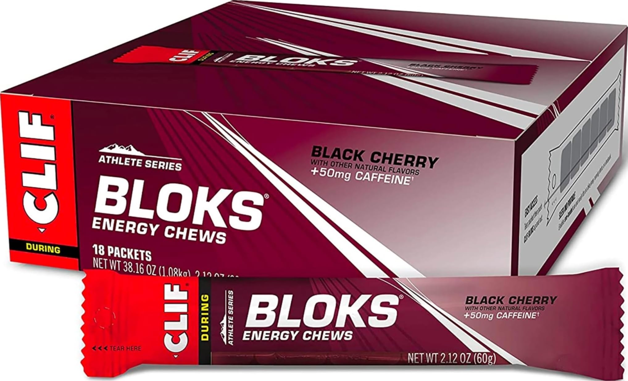 Clif Bloks frente del paquete mostrando sabor Black Cherry y facilidad de transporte