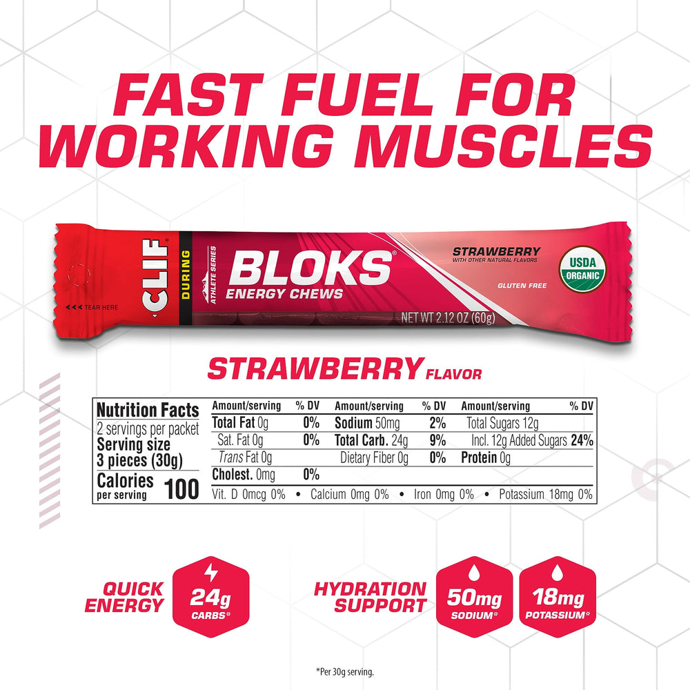 CLIF Bar etiqueta de ingredientes de BLOKS fresa destacando orgánico y no-GMO