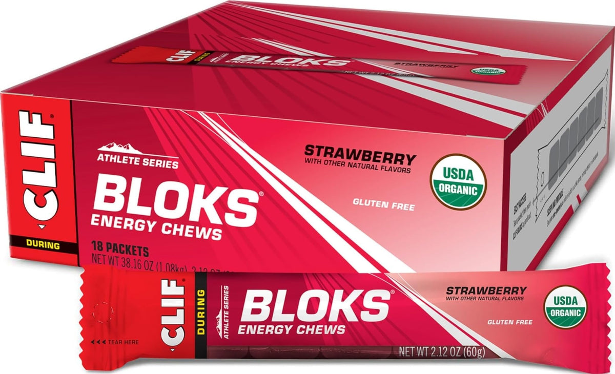 CLIF Bar empaque frontal de BLOKS fresa mostrando paquete y beneficios