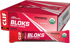 CLIF Bar empaque frontal de BLOKS fresa mostrando paquete y beneficios