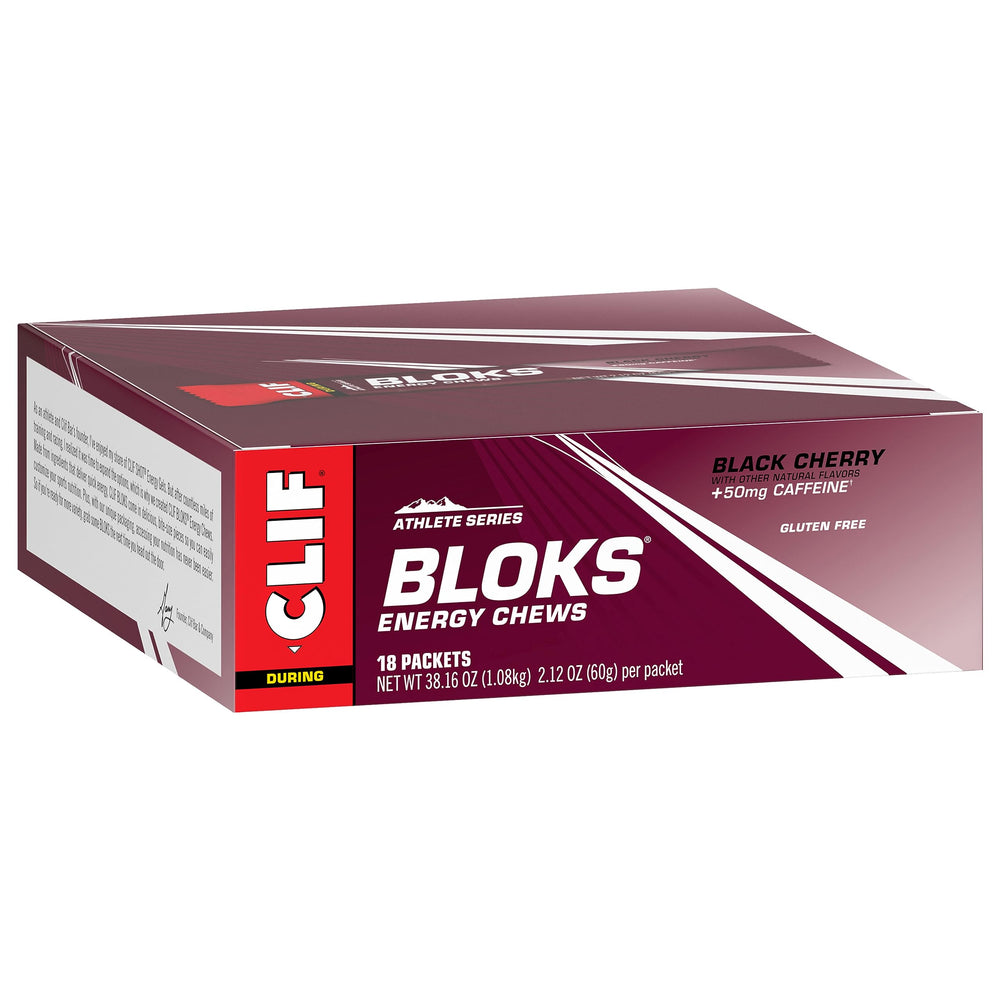 Clif Bloks caja con 18 paquetes resaltando cantidad y empaque individual