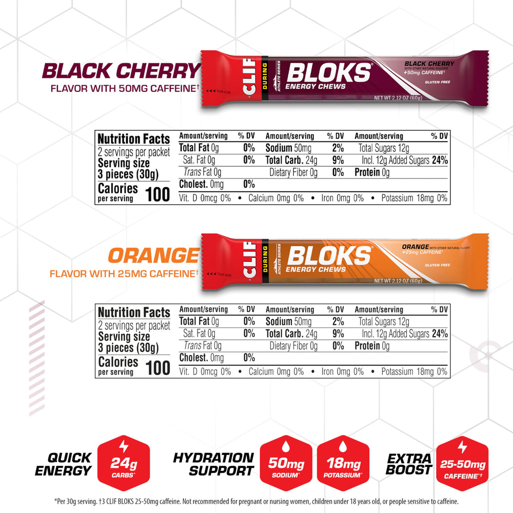 Clif Bloks atleta corriendo consumiendo un cubo para energía rápida