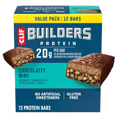 CLIF BUILDER'S empaque frontal mostrando sabor chocolate mint y beneficio proteico