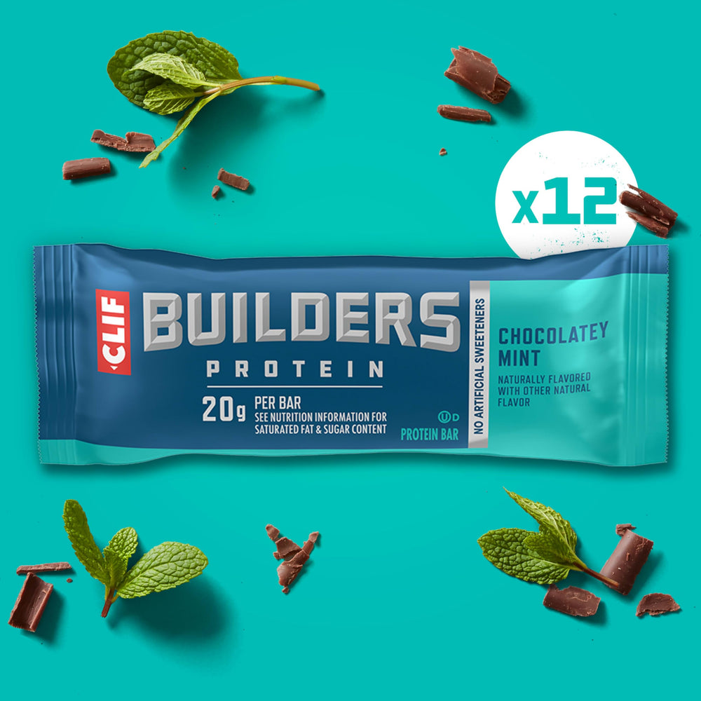 CLIF BUILDER'S etiqueta nutricional destacando 20 g de proteína por barra