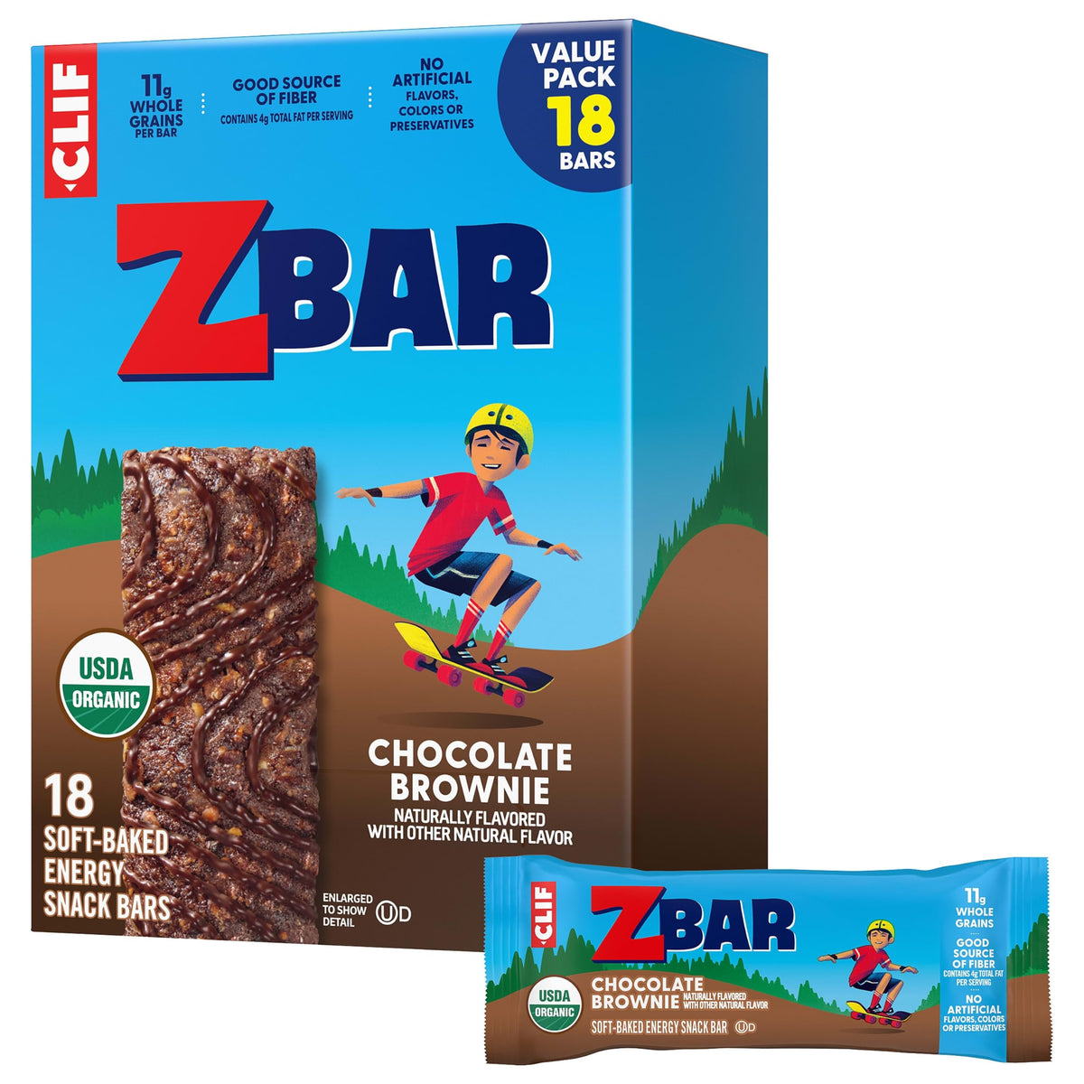 Clif Kid ZBar empaque frontal mostrando caja de 18 barras, práctico para loncheras