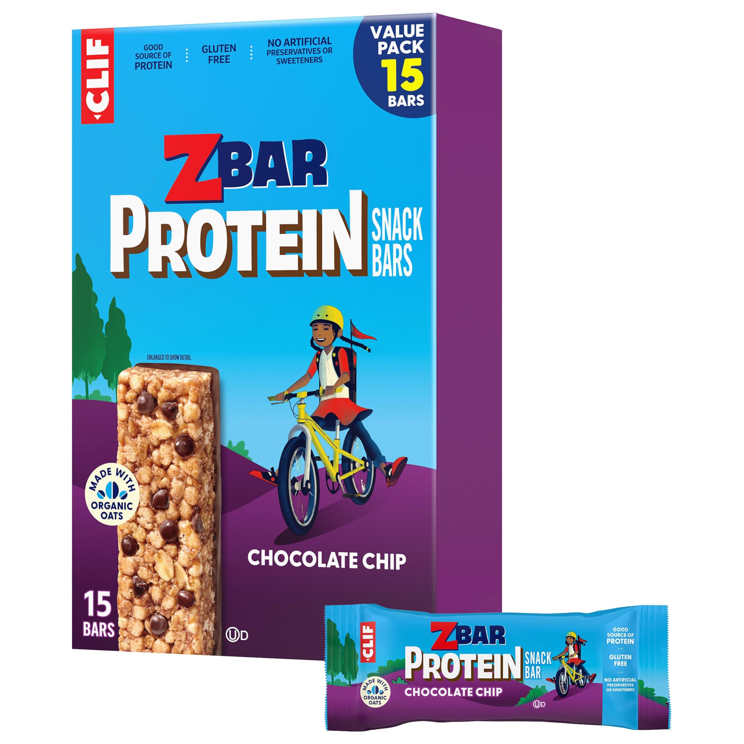 Clif Kid ZBar frente del paquete mostrando cantidad y sabor