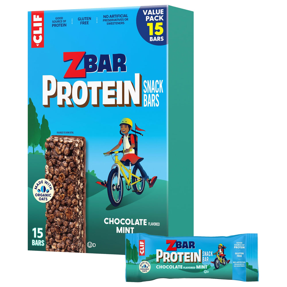 Clif Kid ZBar caja frontal mostrando 15 barras, fácil almacenamiento