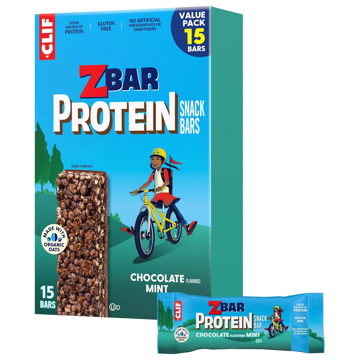 Clif Kid ZBar caja frontal mostrando 15 barras, fácil almacenamiento
