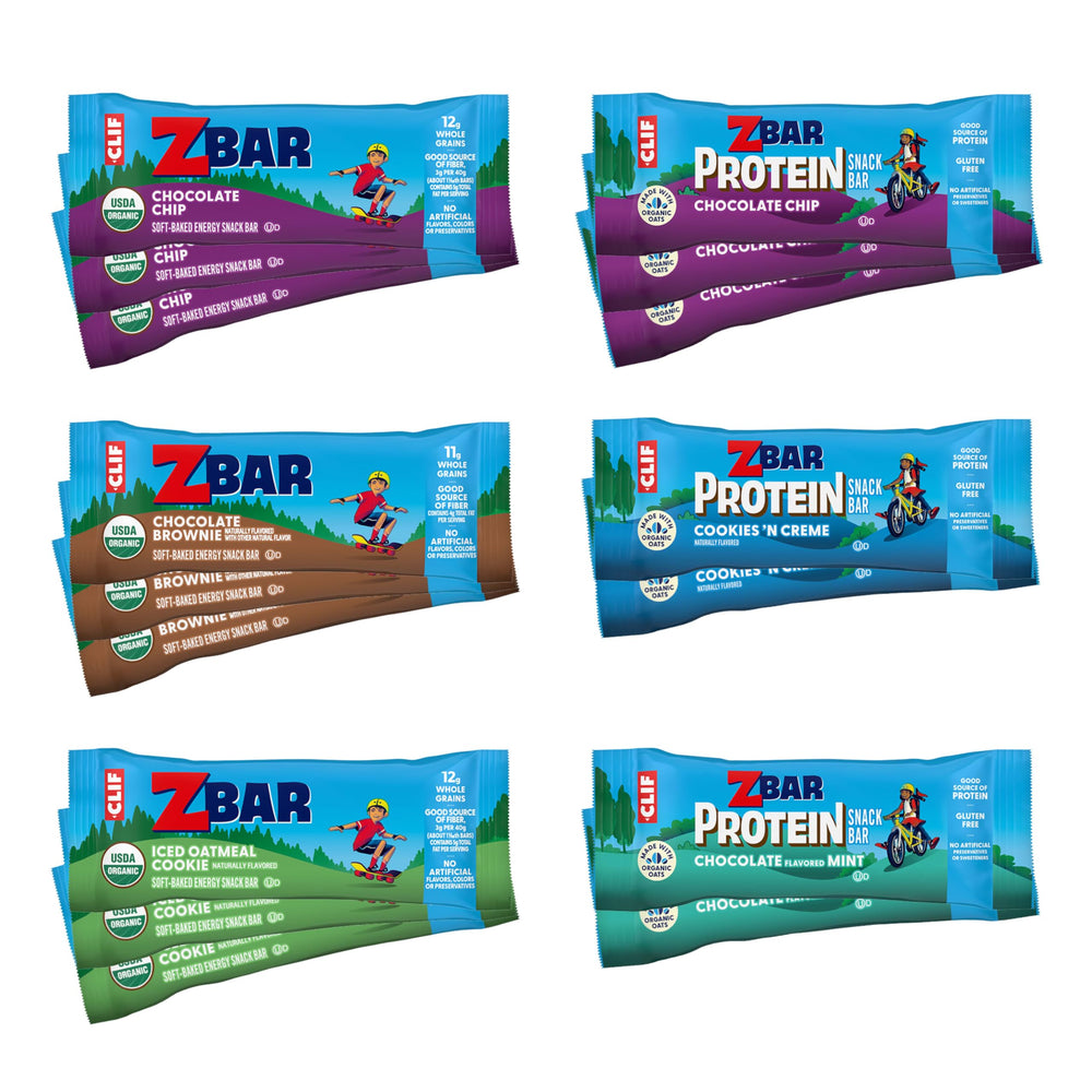 Clif Kid Zbar paquete frontal mostrando la variedad y conveniencia