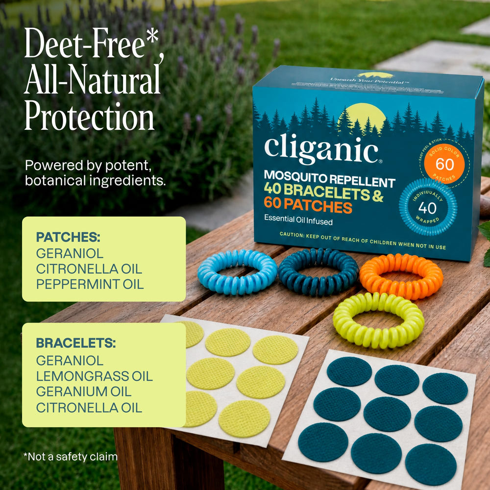 Cliganic escena familiar en parque usando pulseras y parches al aire libre