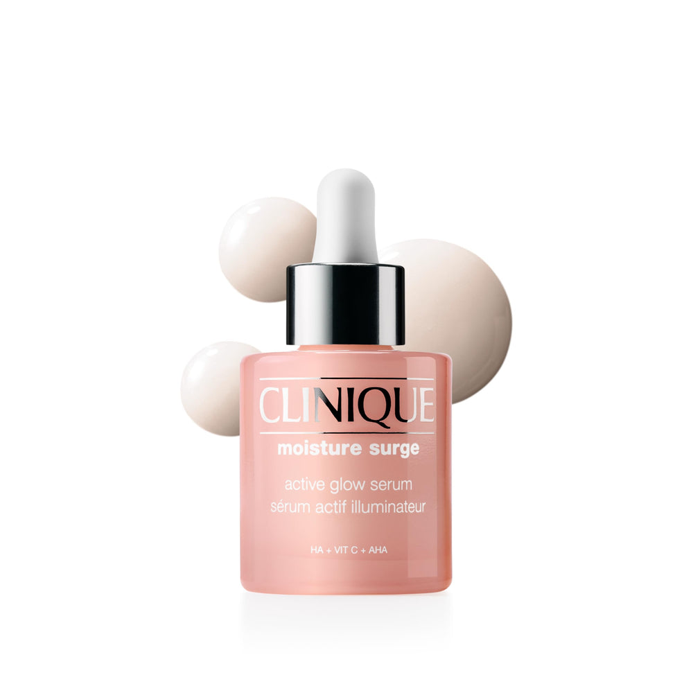 Clinique envase frontal del sérum Moisture Surge mostrando elegancia y confianza