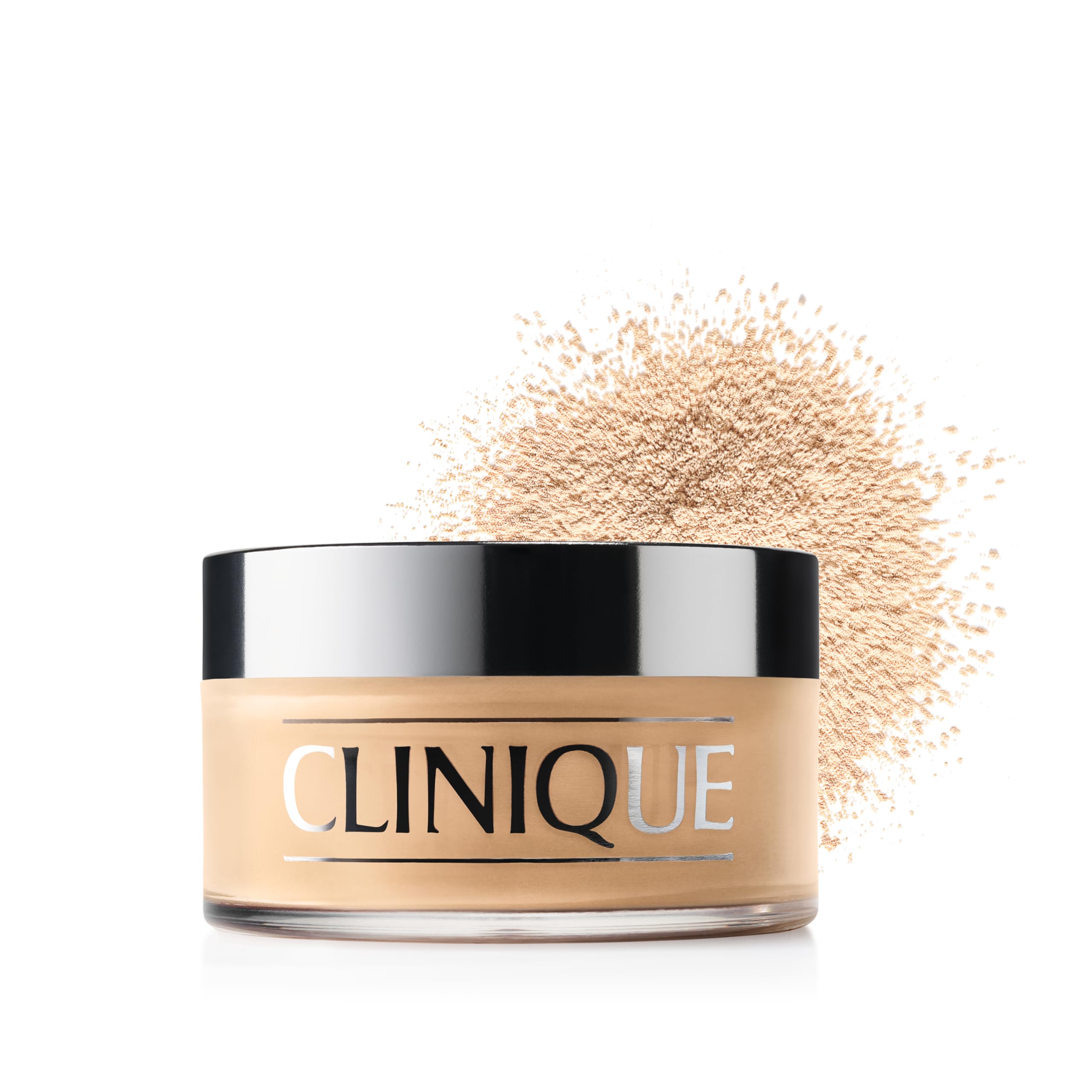 Clinique polvo suelto frontal empaque mostrando el envase y fijado del maquillaje