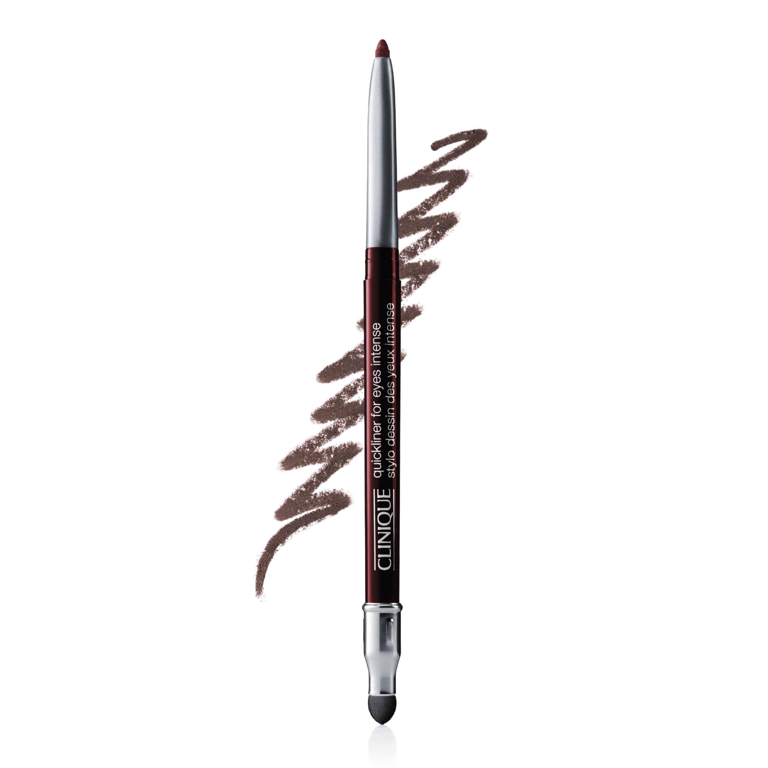 Clinique Quickliner frente del empaque mostrando tono Intense Chocolate y beneficio de durabilidad
