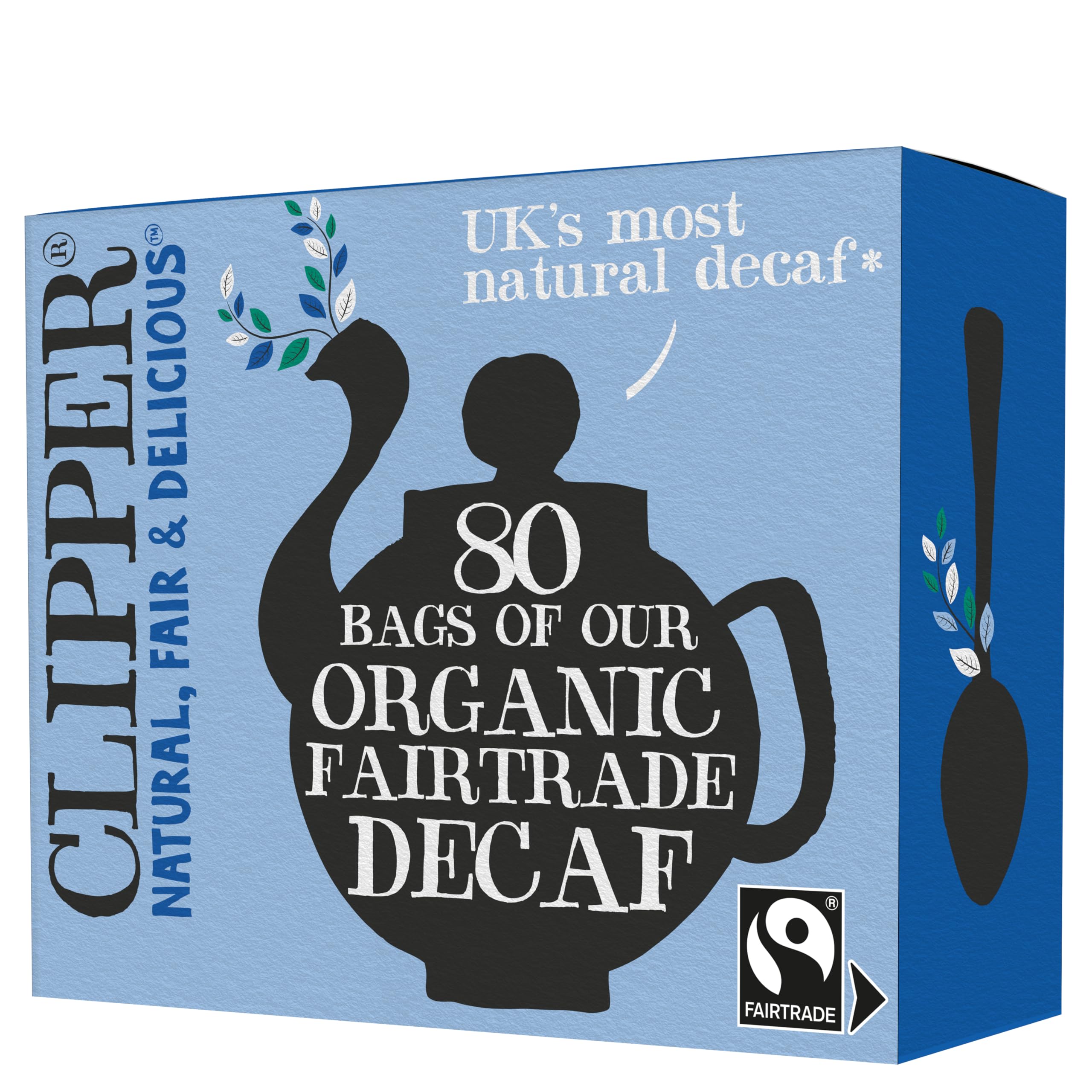 Clipper Tea frente del paquete mostrando 80 bolsitas y beneficios sostenibles